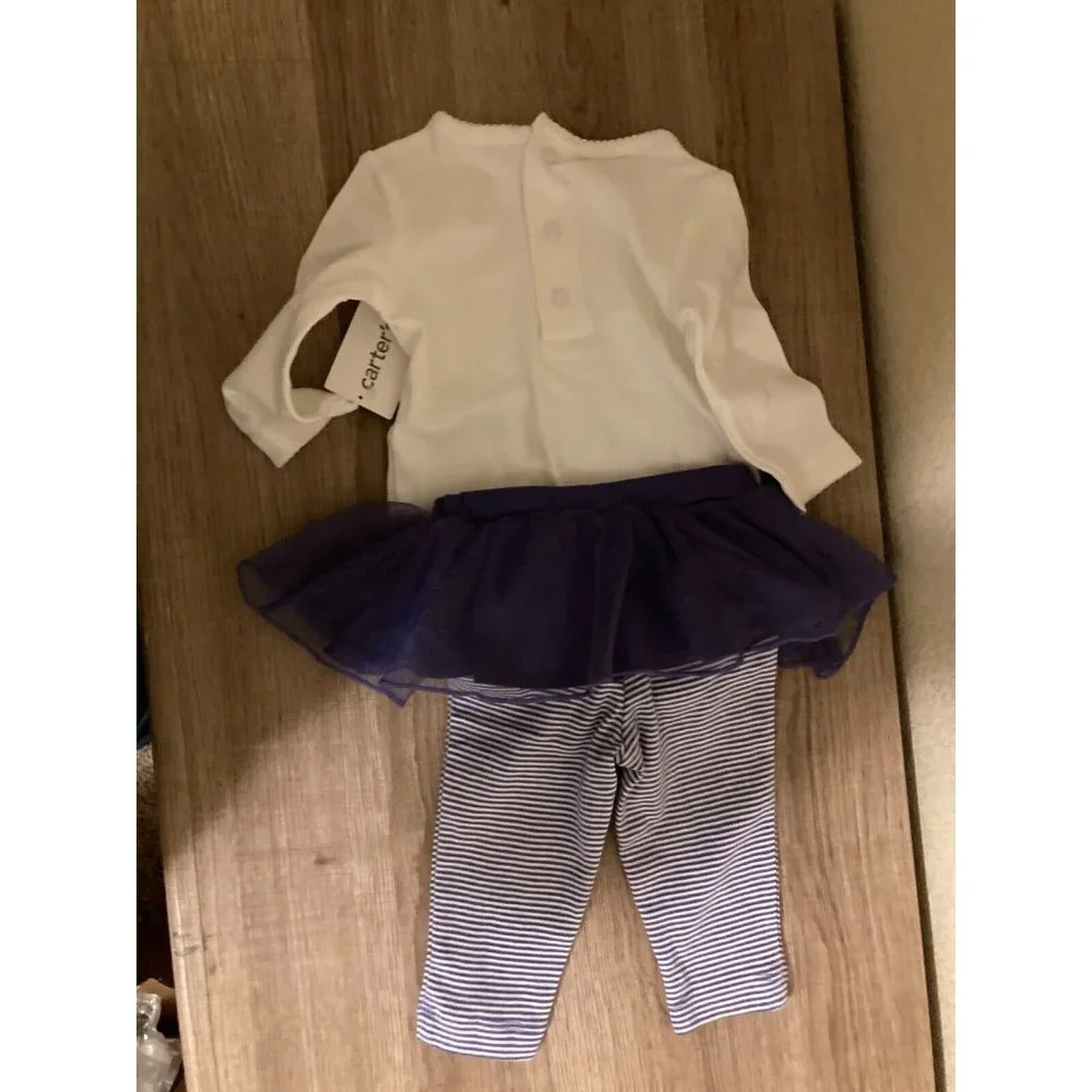 Carter's Long Sleeve Bodysuit Outfit Set 3 Months White Purple Tulle NWT Stripes
